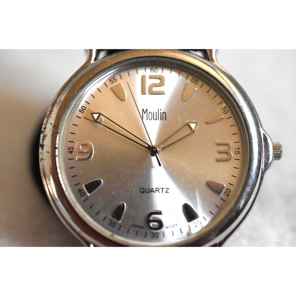 Vintage Moulin Quartz New Battery Works Black Leather Band Silver Tone Watch - Picture 2 of 4